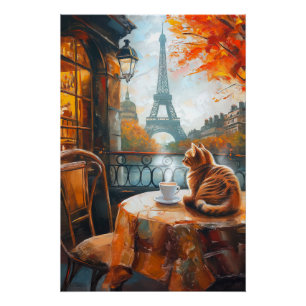 Póster Otoño parisino Gato de jengibre en un café
