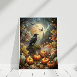 Póster Otoño Raven Wall Art - Bosque místico de la luna l
