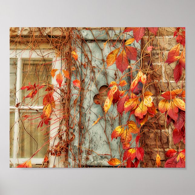 Póster Otoño Sale de la Ventana Antigua del País Naranja  (Frente)