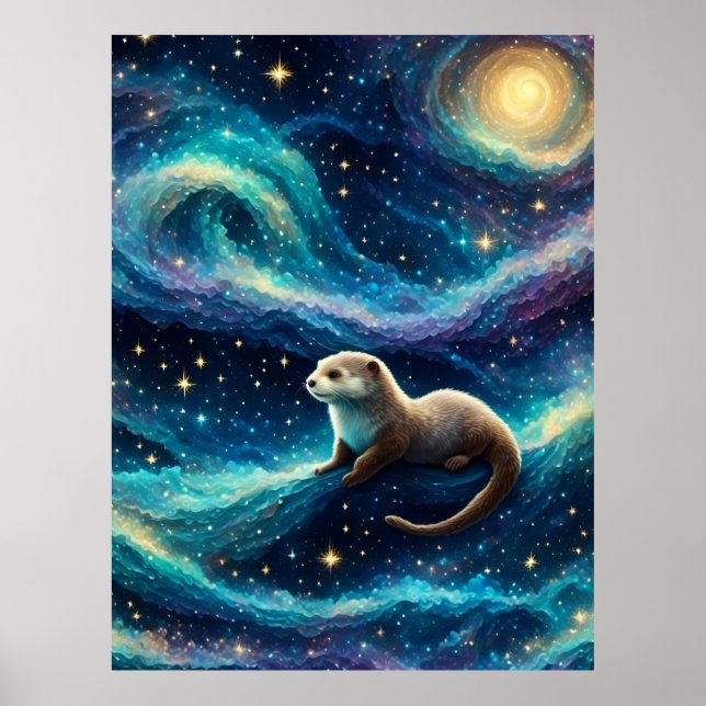 Póster Otter en un océano nocturno estrellado (Frente)