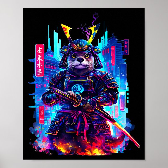 Póster Otter Katana Cyberpunk Neon Samurai Japanese Art  (Frente)
