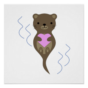 Póster Otter lindo abrazando un corazón rosado