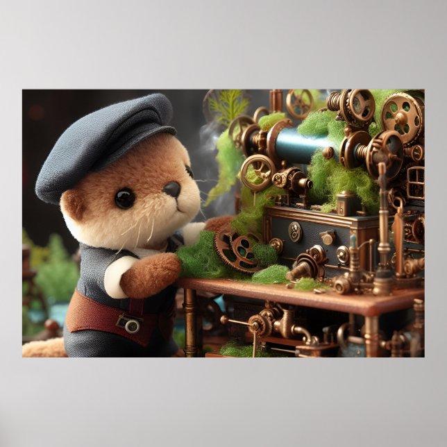 Póster Otter Steampunk Adorable funciona en maquinaria (Frente)