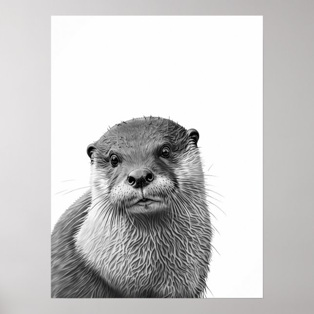 Póster Otter Woodland Retrato moderno blanco negro (Frente)
