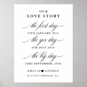 Póster Our love story black wedding date sign
