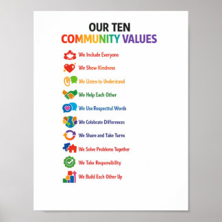 Póster Our Ten Community Values Poster 8.5x11– Bright 