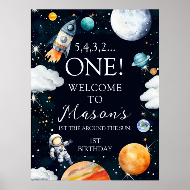 Póster Outer Space Rocket Astronaut 1st Birthday Welcome (Frente)