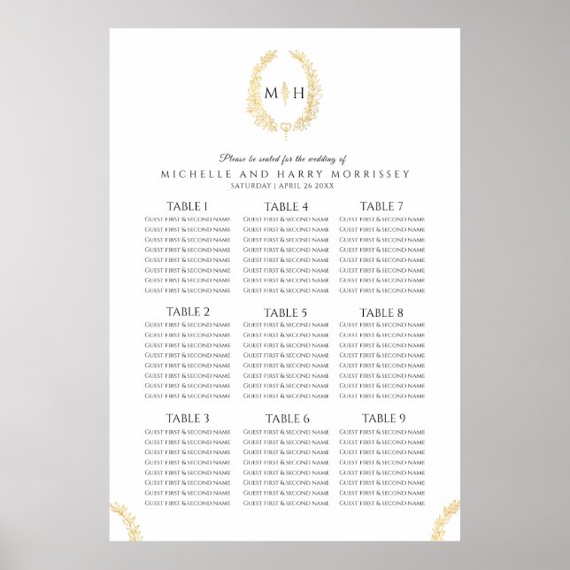 Póster Óvalo dorado negro boda de flores (Frente)