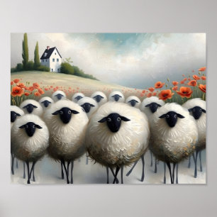Póster Oveja adorable campo de amapolas y una casa
