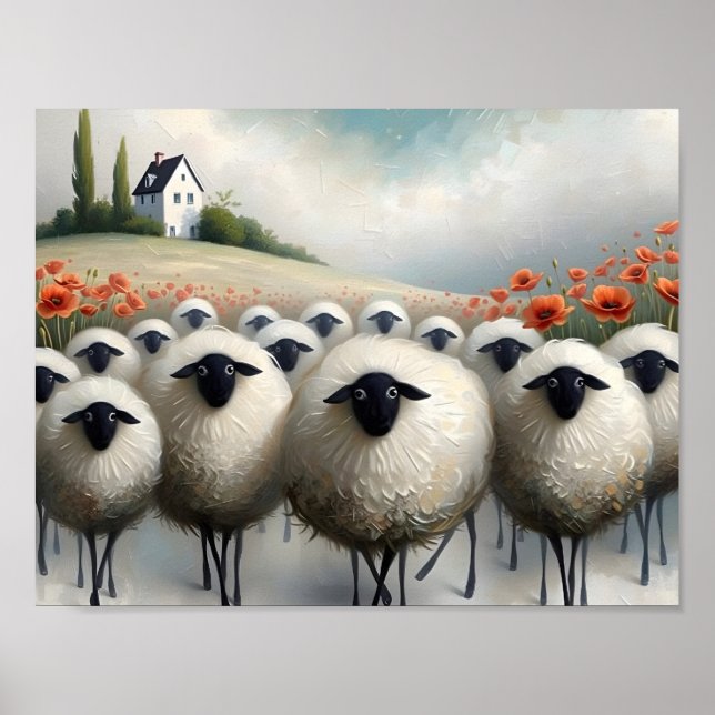 Póster Oveja adorable campo de amapolas y una casa (Frente)