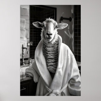 Póster Oveja Divertida en Albornoz Imprimir Baño Quirky