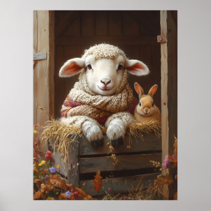 Póster Oveja y conejo acogedores en granero con flores