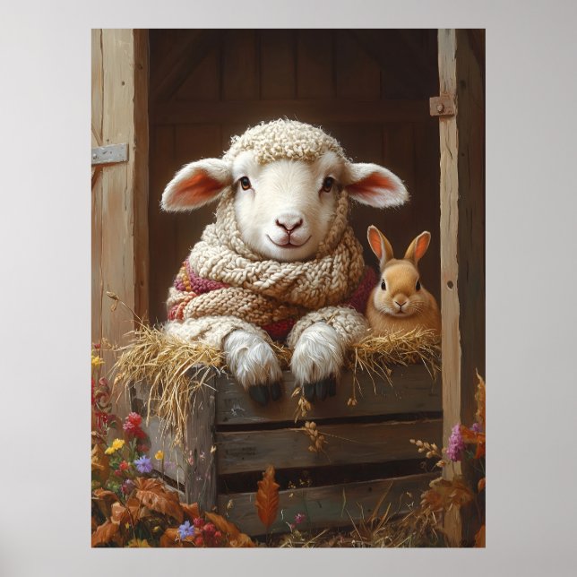Póster Oveja y conejo acogedores en granero con flores (Frente)