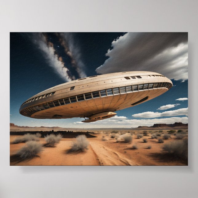 Póster OVNI circular sobre el desierto (Frente)