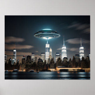 Póster OVNI de Saucer sobre una ciudad