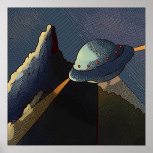 Póster ovni montañas voladoras fantasía paisaje alienígen