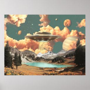 Póster OVNI Surrealista Sobre Lago de Montaña con Planeta