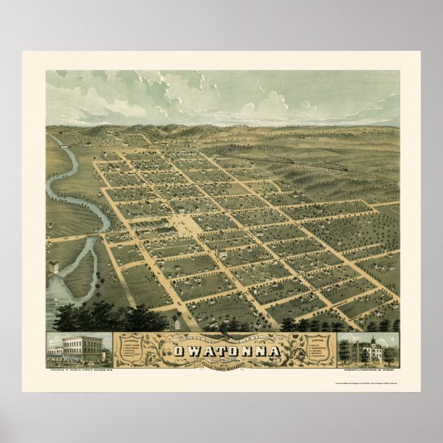 Póster Owatonna, MN Mapa Panorámico - 1870 (Frente)