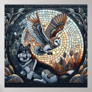Póster Owl and Wolf Mosaic Ai Art