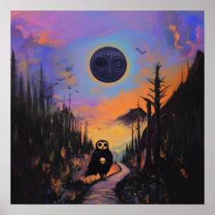 Póster Owl Skull Black Moon Witchy AI Art Mate Value
