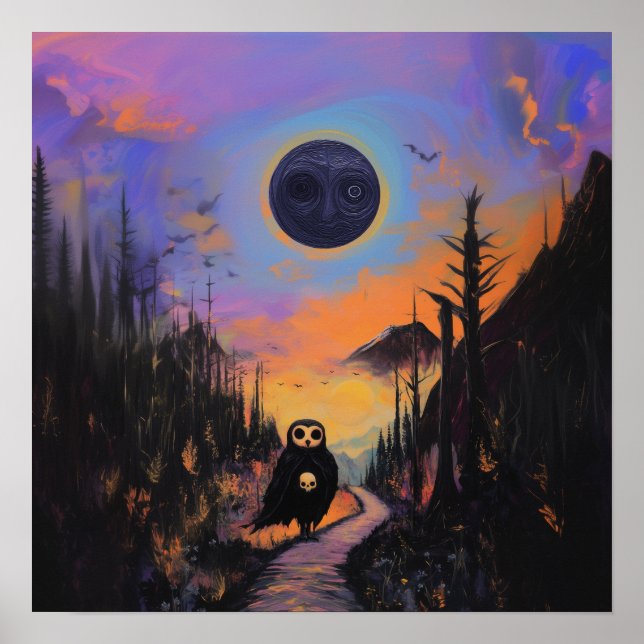 Póster Owl Skull Black Moon Witchy AI Art Mate Value (Frente)