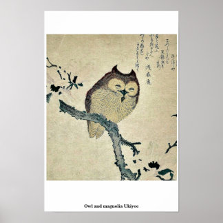 Póster Owl y magnolia Ukiyoe