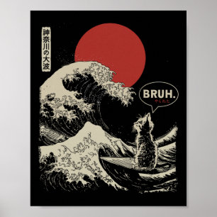 Póster Oye.' La Gran Ola Kanagawa Divertido Gato Japonés 