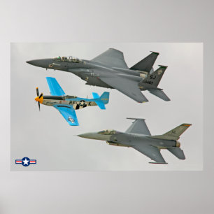 Póster P-51D, F-16C y F-15E
