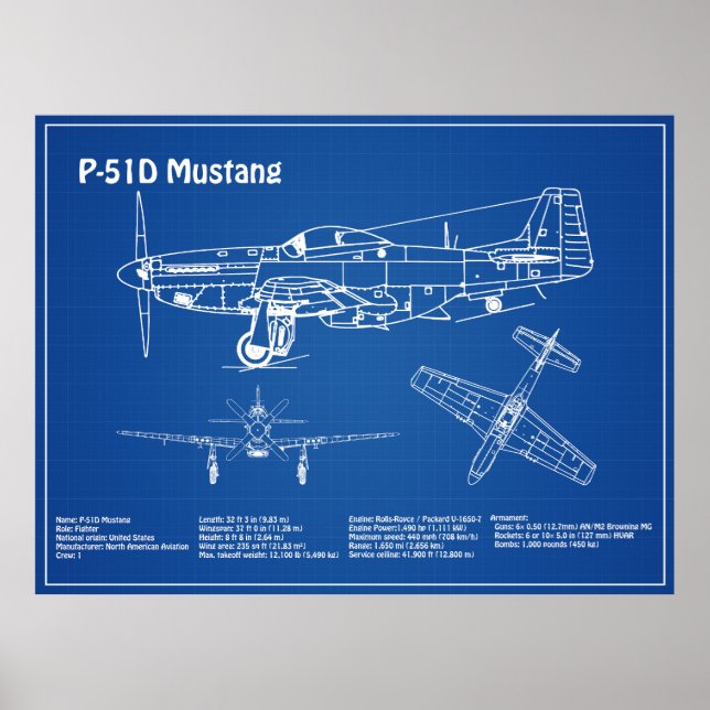 Póster P-51D Mustang - Plano aéreo AD (Frente)