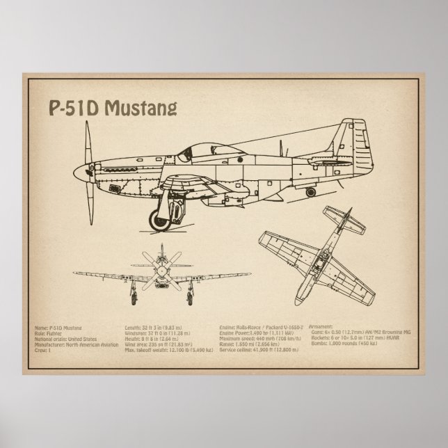 Póster P-51D Mustang - Plano aéreo SD (Frente)