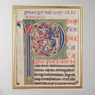 Póster 'P' inicial historiada que representa una cacería