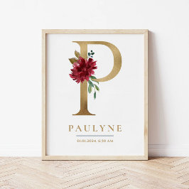 Póster P Letra Monograma Nombre Marsala Nursera Floral