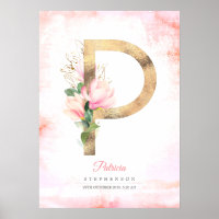 P Letra Monograma Oro Salta Magnolia Rosa Floral