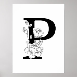 Póster P monograma botánico. Letra inicial con peonías