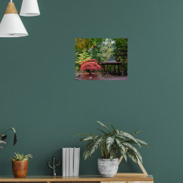 Póster Pabellón del Jardín Japonés y Hojas de Otoño
