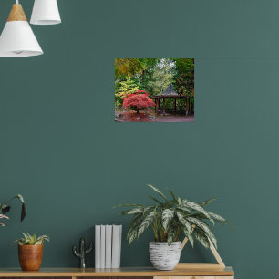 Póster Pabellón Jardín Japonés y Hojas de Otoño