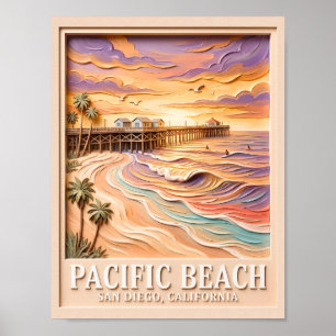 Póster Pacific Beach San Diego 3D Texturizado Surf Viajes