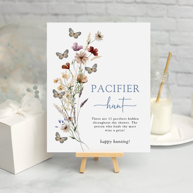 Póster Pacificador de Flor Azul (Dusty Blue Wildflower Pacifier Hunt Game Poster with Butterflies by Painted Paperie
)