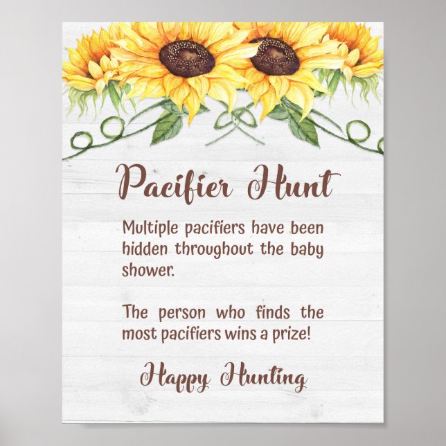 Póster PACIFIER HUNT Sunflower Baby Shower Game Sign (Frente)