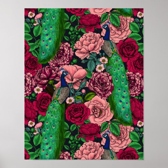 Póster Pacocas en el jardín rosa 2 (Frente)