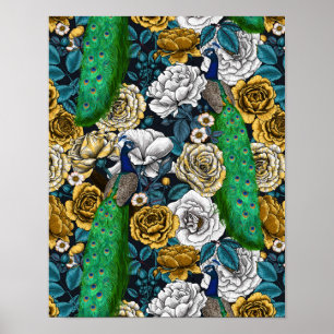 Póster Pacocas en el jardín rosa 3