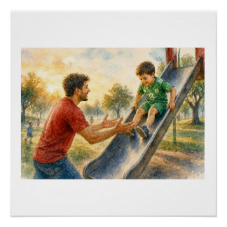 Póster Padre e hijo en el parque infantil, 