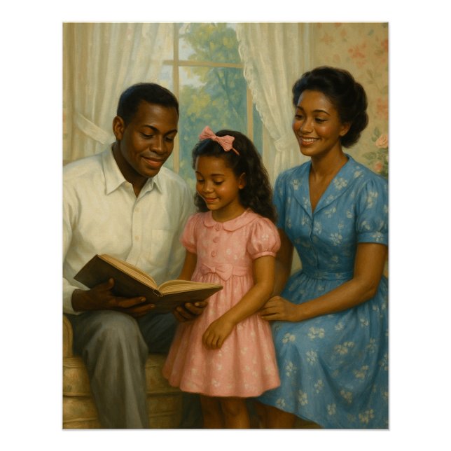 Póster Padre pasa el tiempo leyendo a hija y madre (Anverso)