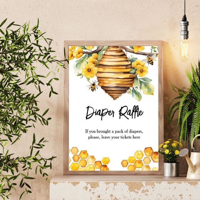 Póster Padres de abeja abeja bebe cartel de rifa de ducha (Parents to bee honey bee baby shower diaper raffle sign table sign beehive yellow flowers)
