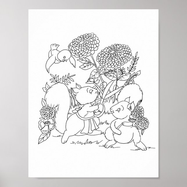 Póster Página Ardillas Flores Bosques Animales Colores (Frente)