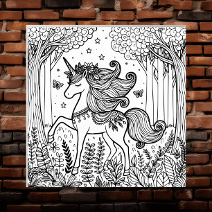 Póster Página Color Me   Unicornio en un bosque mágico