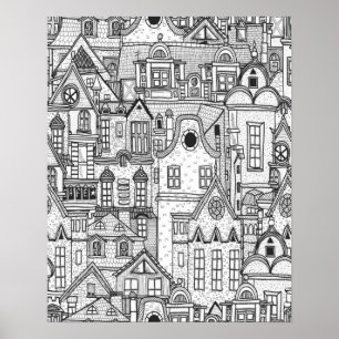 Póster Página de dibujo manual, pueblo rural clásico, col