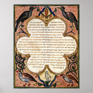 Póster Página de una biblia hebrea con los pájaros, 129