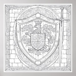 Póster Página para colorear el escudo heráldico detallado