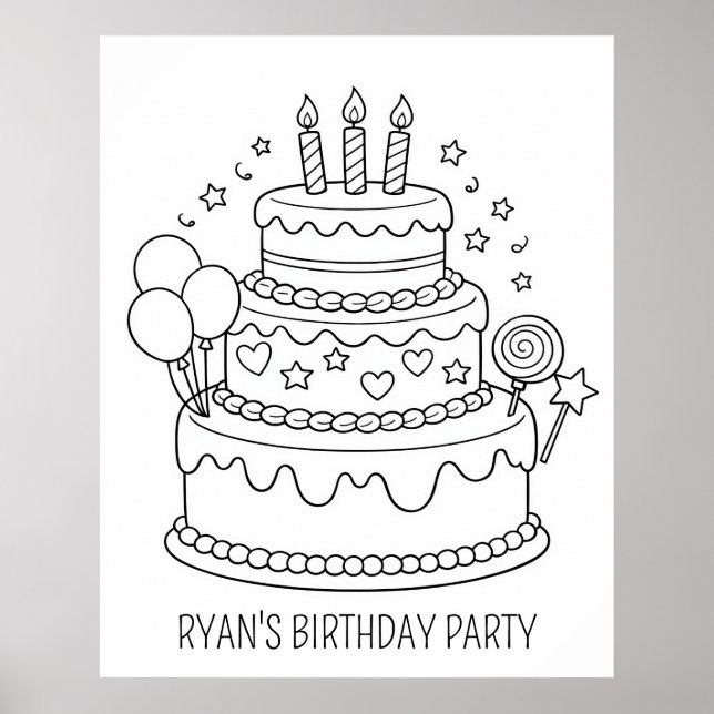 Póster Página para colorear pastel de cumpleaños (Frente)